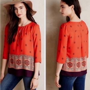 Anthropologie Maeve Rila Red Floral Print Blouse Women's Size 12 3/4 Sleeve Top
